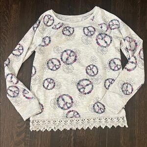 Justice Gray Floral Peace Sign Sweatshirt with Lace Hem girls size 14